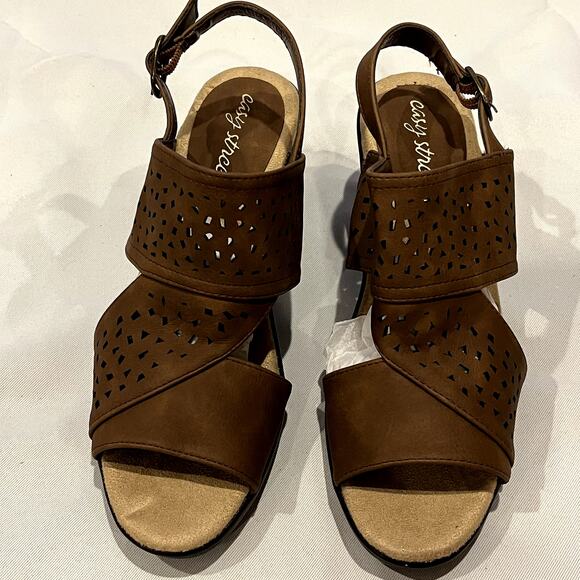 Easy Street Perforated Block Heeled Sandals Charleigh Dark Tan 7M - Picture 9 of 9
